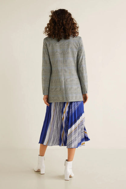 MANGO back view plaid blazer with blue striped pleated midi skirt