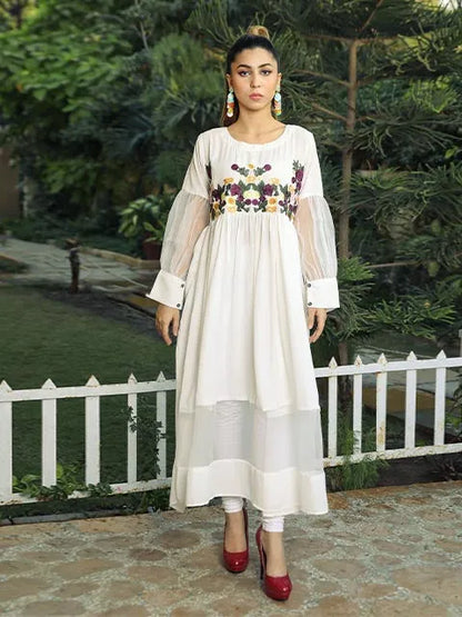 Nazmina dress in white with floral yoke embroidery and sheer ruffled sleeves