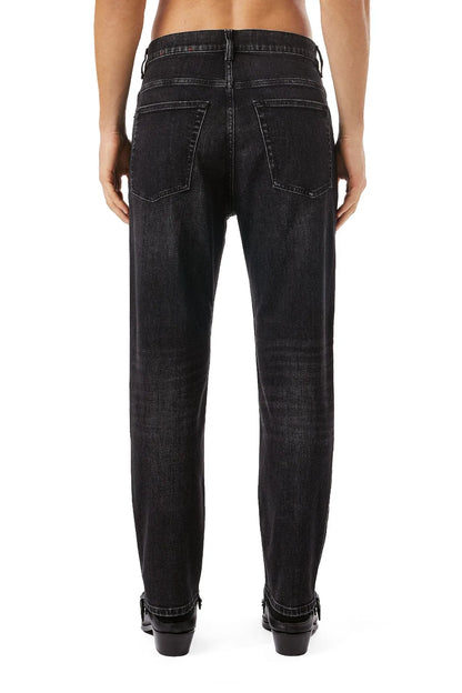 Black denim jeans with two front pockets and belt loops