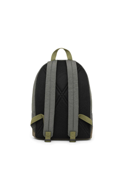 Grey Diesel backpack back view with adjustable shoulder straps and olive accents