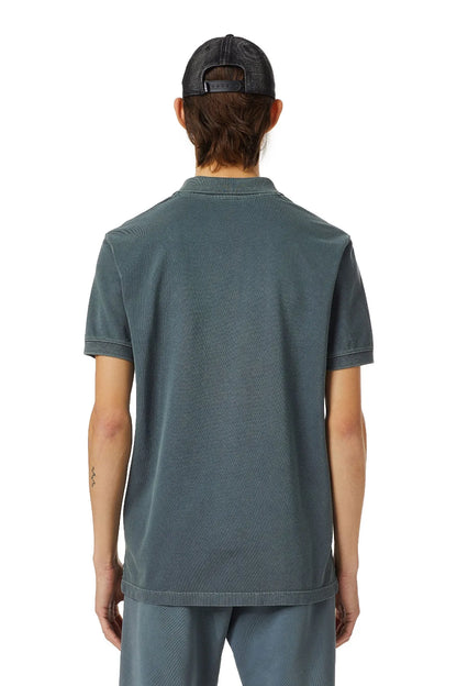 Blue-gray polo shirt back view with short sleeves and neat collar