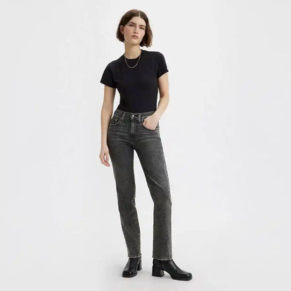 Dark grey straight-leg jeans with contrast stitching and mid-rise waistband