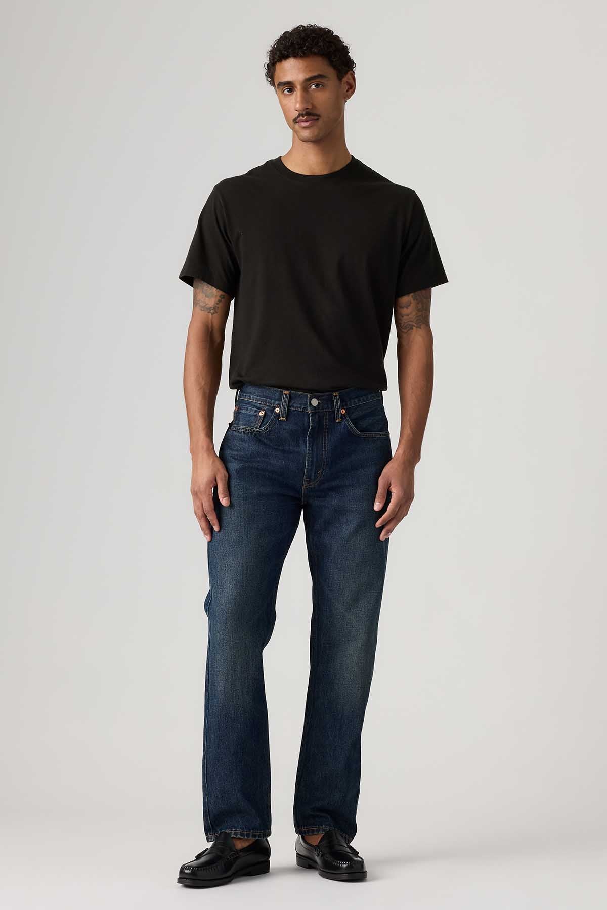Levi's dark wash straight jeans with button and zip, belt loops and front pockets