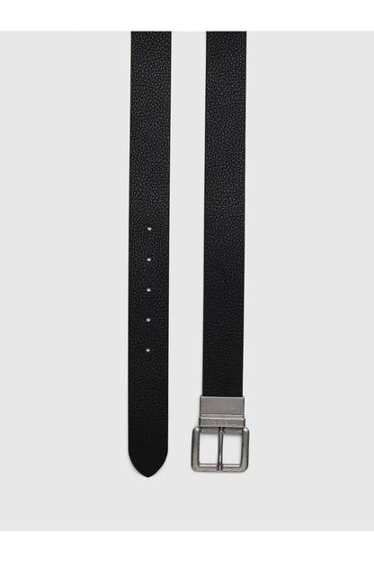 Black belt strap with silver buckle; punched holes and keeper tab