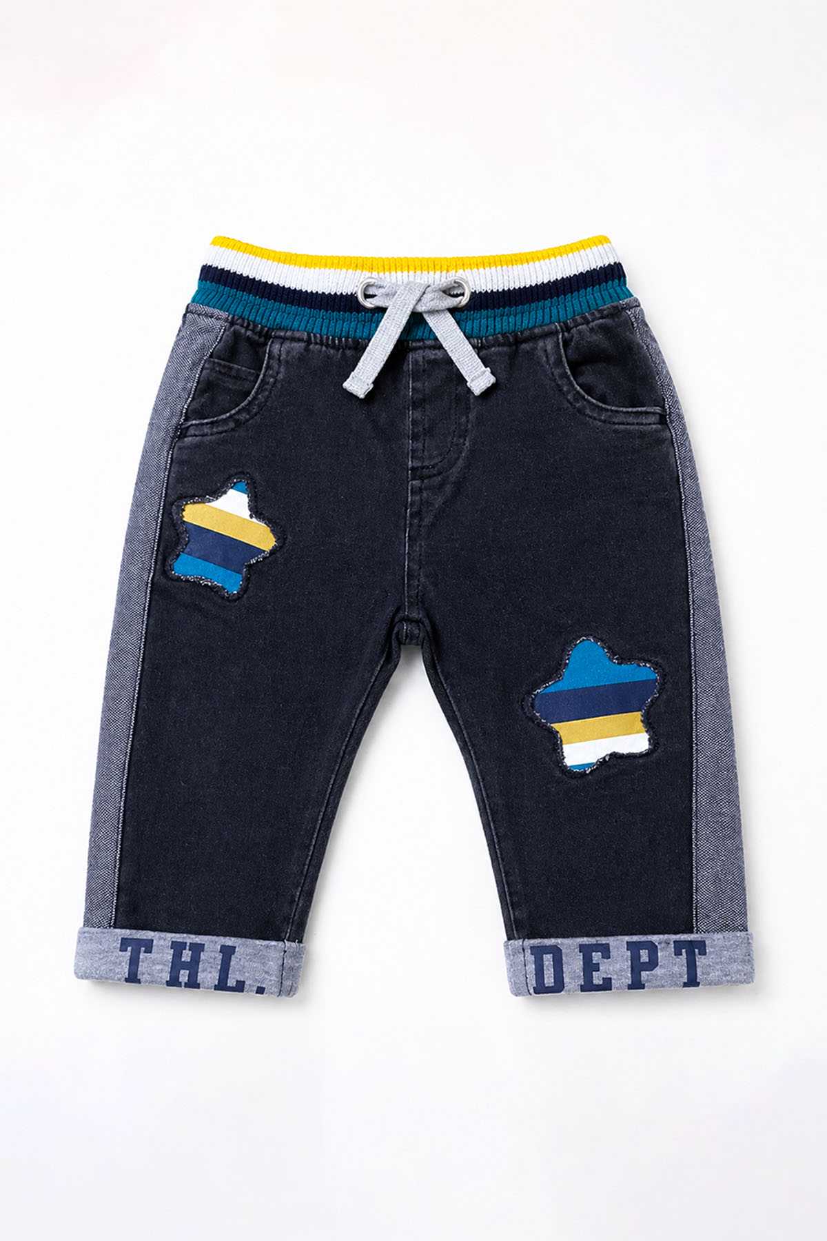 Baby denim pants with elastic striped waistband and multicolor pocket patches