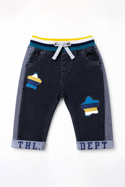 Baby denim pants with elastic striped waistband and multicolor pocket patches