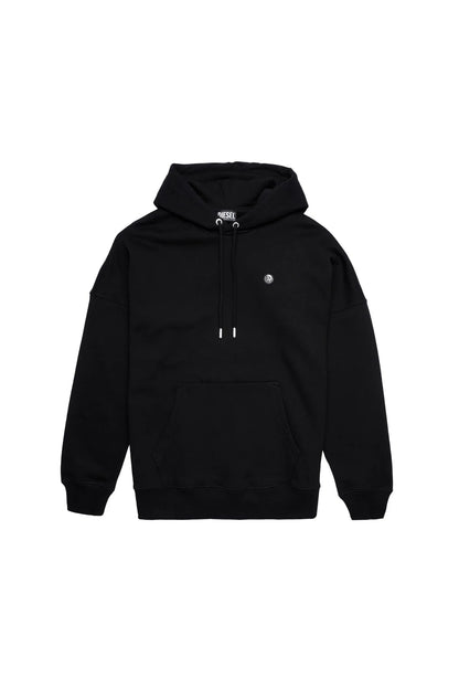 Black pullover hoodie with drawstring hood and small chest logo