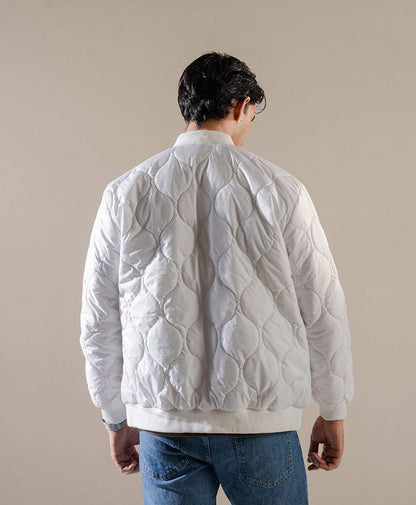 White fitted quilted jacket back view with quilt pattern and stand collar