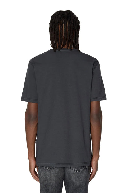 Dark grey T-shirt back view, plain short sleeves and crew neck