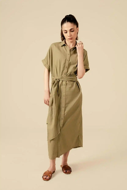 Olive belted shirt dress with short sleeves, button-front and waist tie
