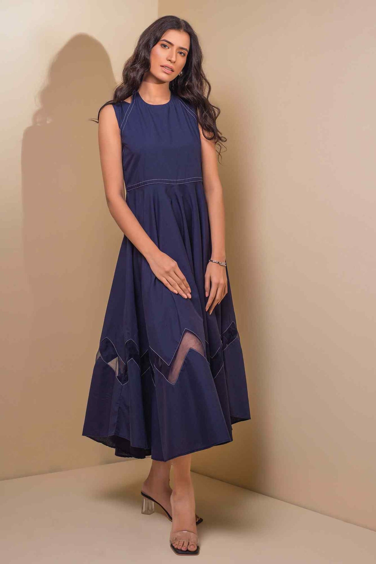 Blue sleeveless velour midi dress with gathered skirt and zigzag hem panels