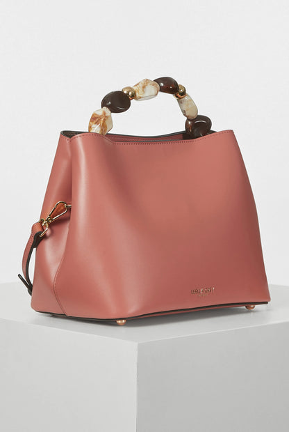 Pink handbag with beaded top handles and leather-look trim
