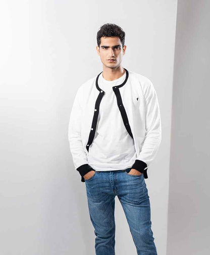 White fitted varsity jacket with black trim details and small chest logo, ribbed cuffs