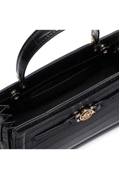 Black croc-embossed mini handbag closeup of front logo clasp and interior lining