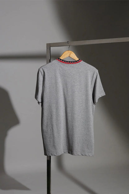 Grey short-sleeve T-shirt back view, plain crew neckline
