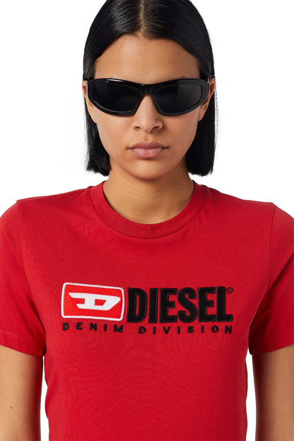Red Diesel T-shirt close-up: front logo graphic on crew neck