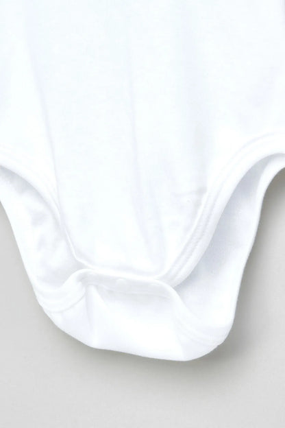 Close-up of white baby bodysuit leg opening and gathered seam