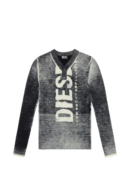 Diesel dark gray henley sweater with big white graphic print and button placket