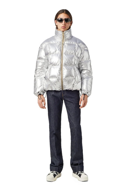 Silver metallic puffer jacket with full-zip front and stand collar