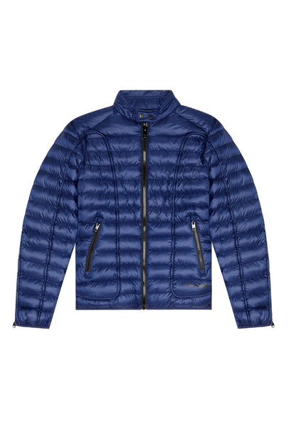 Dark blue puffer jacket with stand collar, full zip, and zip pocket details