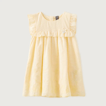 Baby dress in light yellow with ruffled yoke and sleeveless gathered skirt