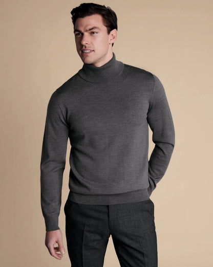 Grey wool turtleneck sweater on male model, long sleeves