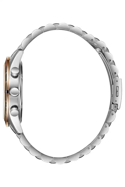 Silver wristwatch side view with metal link bracelet and round crown