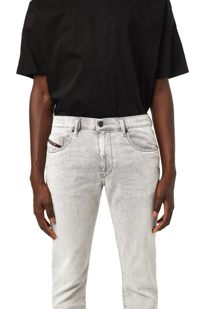 Diesel light grey denim jeans with red logo stitching on coin pocket, button fly