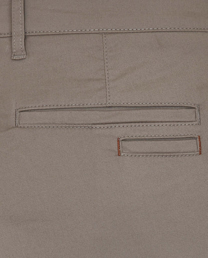 Light grey trousers with belt loops, waistband label, and back welt pocket