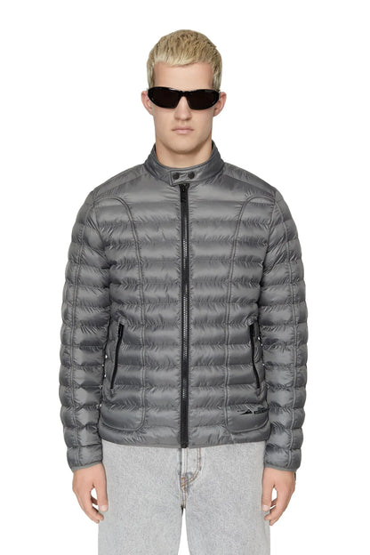 Diesel grey padded puffer jacket with full-zip front, stand collar, and two side zip pockets