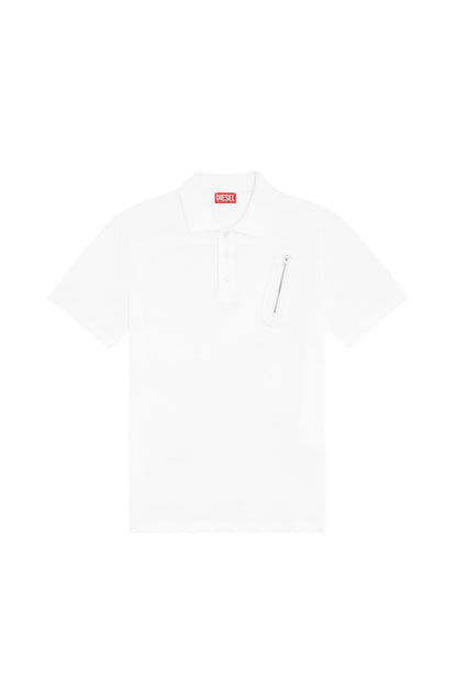 Diesel white polo shirt with pointed collar and zipper chest pocket