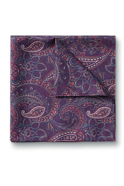 Paisley pocket square, dark purple with pink and blue swirl pattern