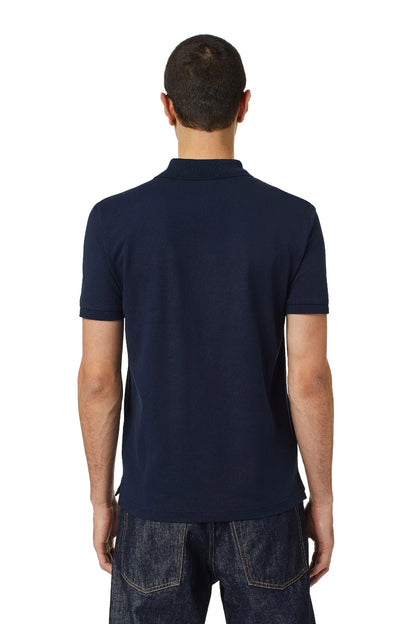 Navy Diesel polo shirt back view with short sleeves and button collar