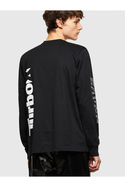 Black long-sleeve shirt with white side/back logo marks
