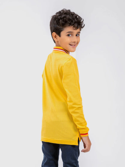 Yellow kids polo shirt side view with striped collar and cuffs