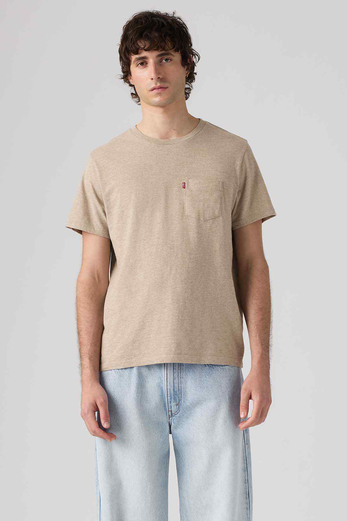 Levi's men's beige crewneck T-shirt with chest pocket and small red logo
