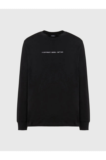 Diesel black crewneck sweatshirt with small chest text logo, long sleeves
