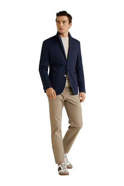 Men's navy blazer with notch lapels, single button, flap pockets