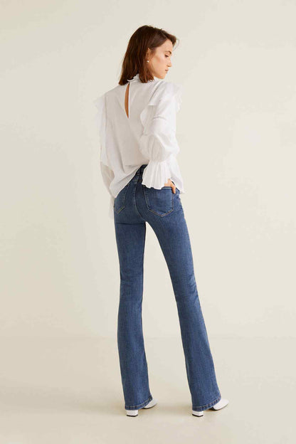 MANGO medium blue flared jeans with mid-rise waist and long wide-leg opening
