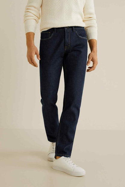Dark blue denim jeans with straight fit, front zipper, and belt loops