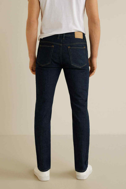 Dark blue denim jeans, straight leg, five-pocket style with button waistband