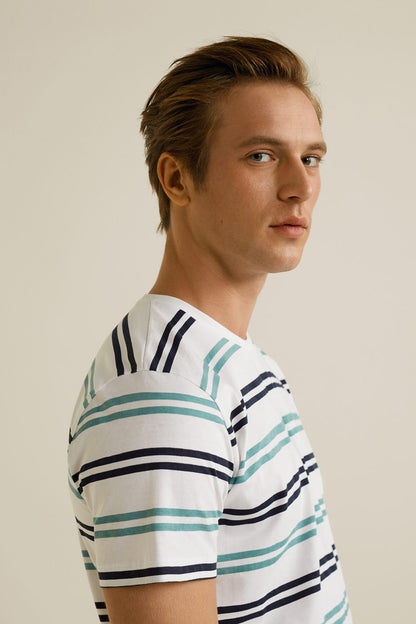 MANGO striped T-shirt close-up, crew neck and short sleeves in blue/green/navy stripes