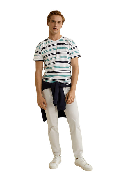 MANGO striped crew-neck T-shirt with short sleeves, blue/green/navy stripes, casual fit
