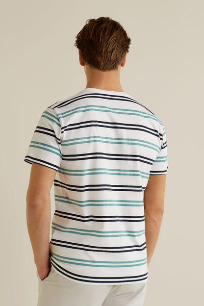 MANGO striped crew-neck T-shirt, back view with blue/green/navy horizontal stripes