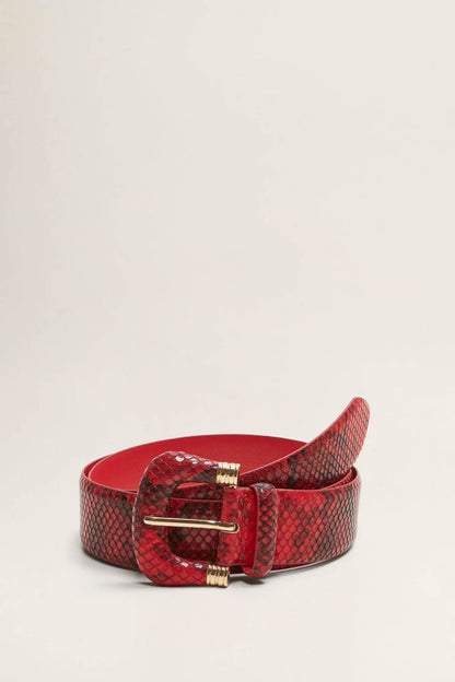 Red embossed snake-skin belt with gold buckle and keeper, double-prong closure.