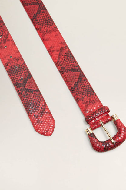 Red snake-texture belt ends with gold buckle and metal strap keeper.