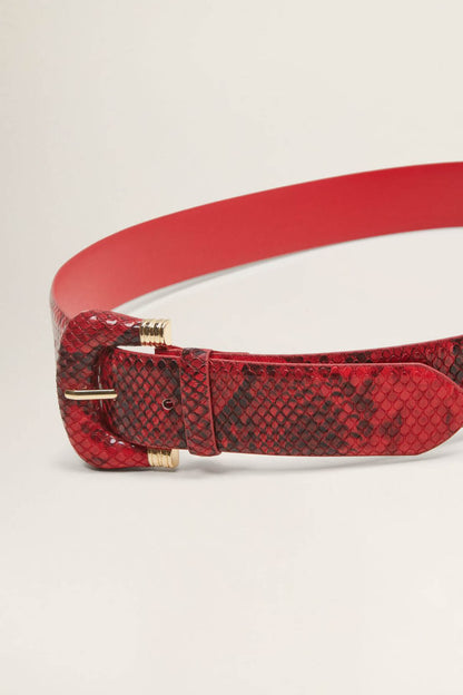 Red embossed belt with gold buckle and stitched keeper, wide strap.