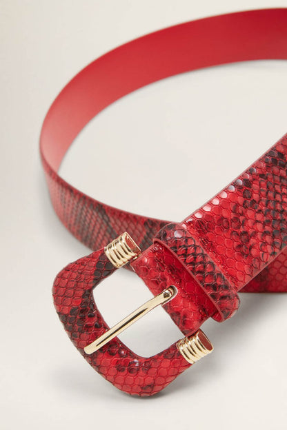Red textured belt strap with gold square buckle and decorative keeper.