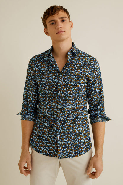 MANGO navy floral button-up shirt with roll-up sleeves