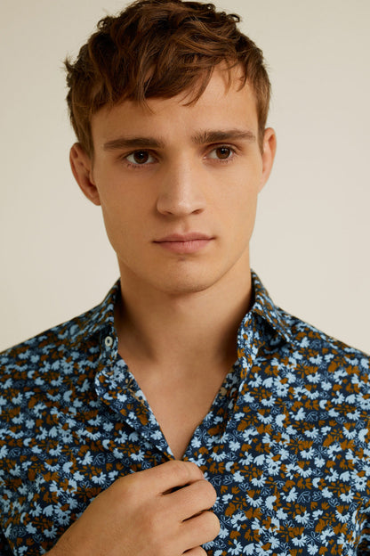 MANGO navy floral shirt collar and chest detail, button-up style